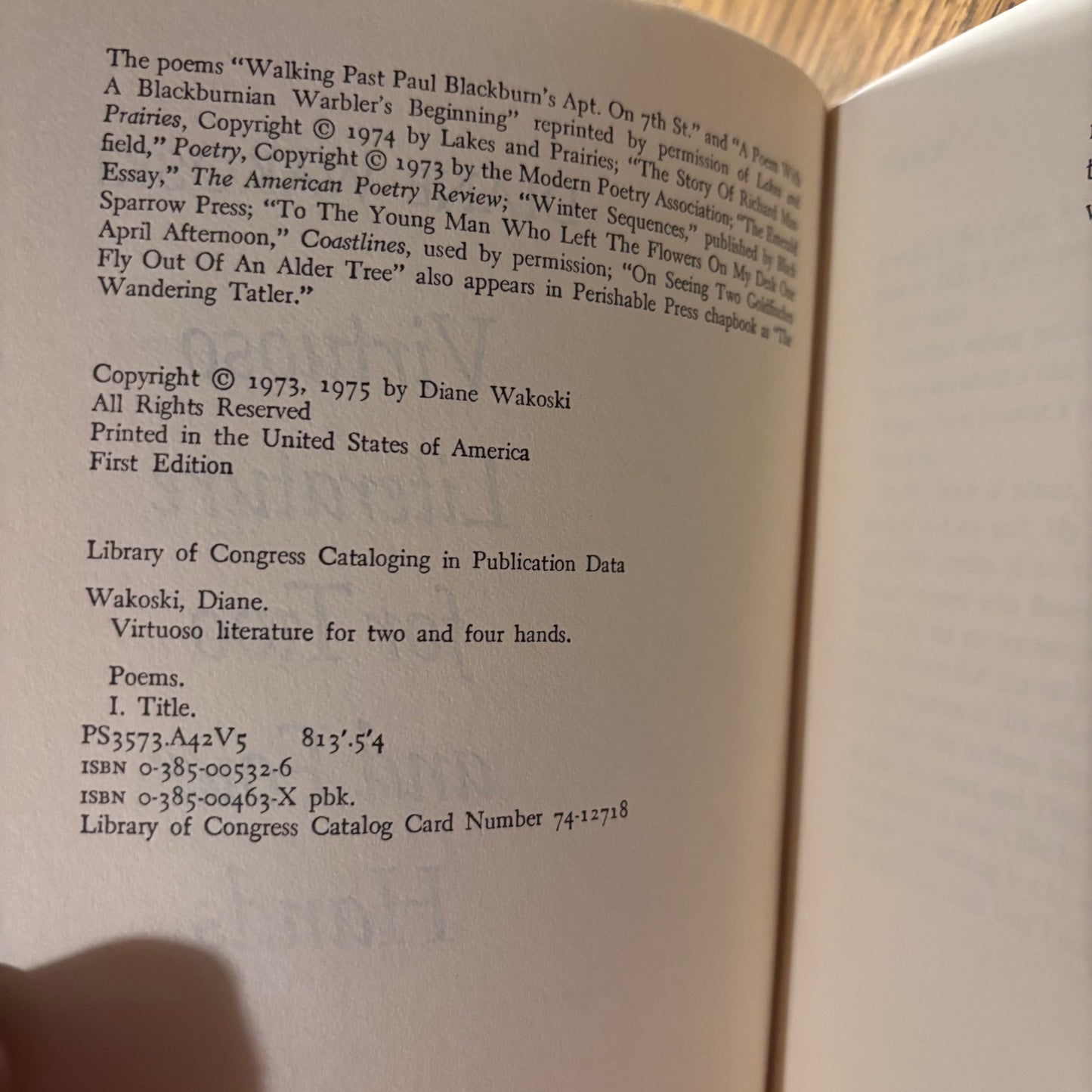 Diane Wakoski - Virtuoso Literature for Two and Four Hands - First Edition Paperback