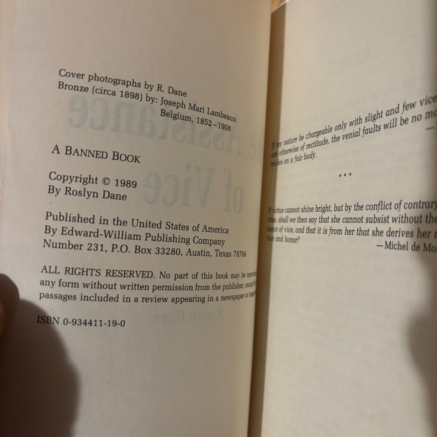 Roslyn Dane - The Assistance of Vice - First Edition