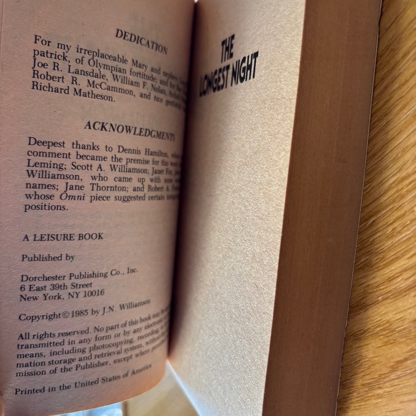 J.N. Williamson - The Longest Night - First Edition
