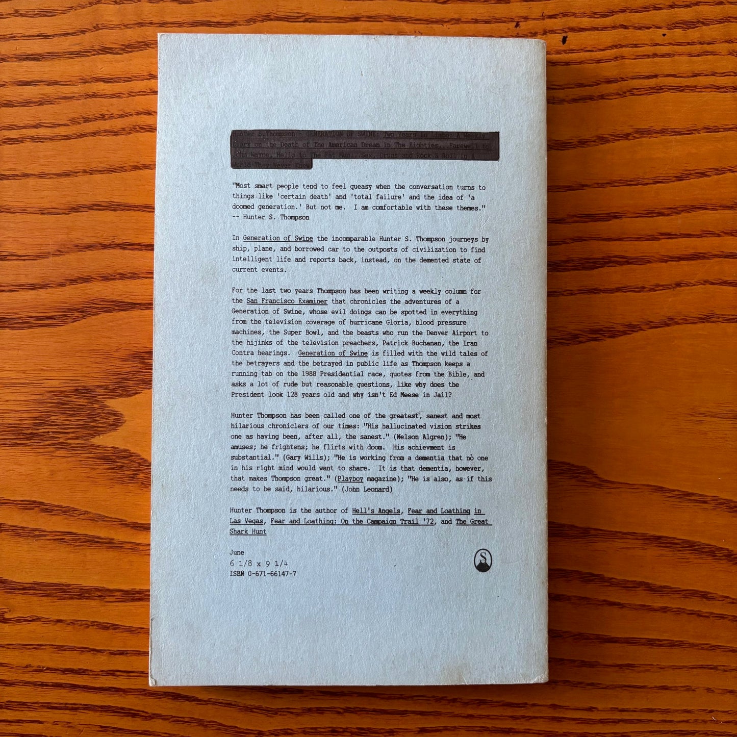 Hunter S. Thompson - Generation of Swine - Advance Uncorrected Proof