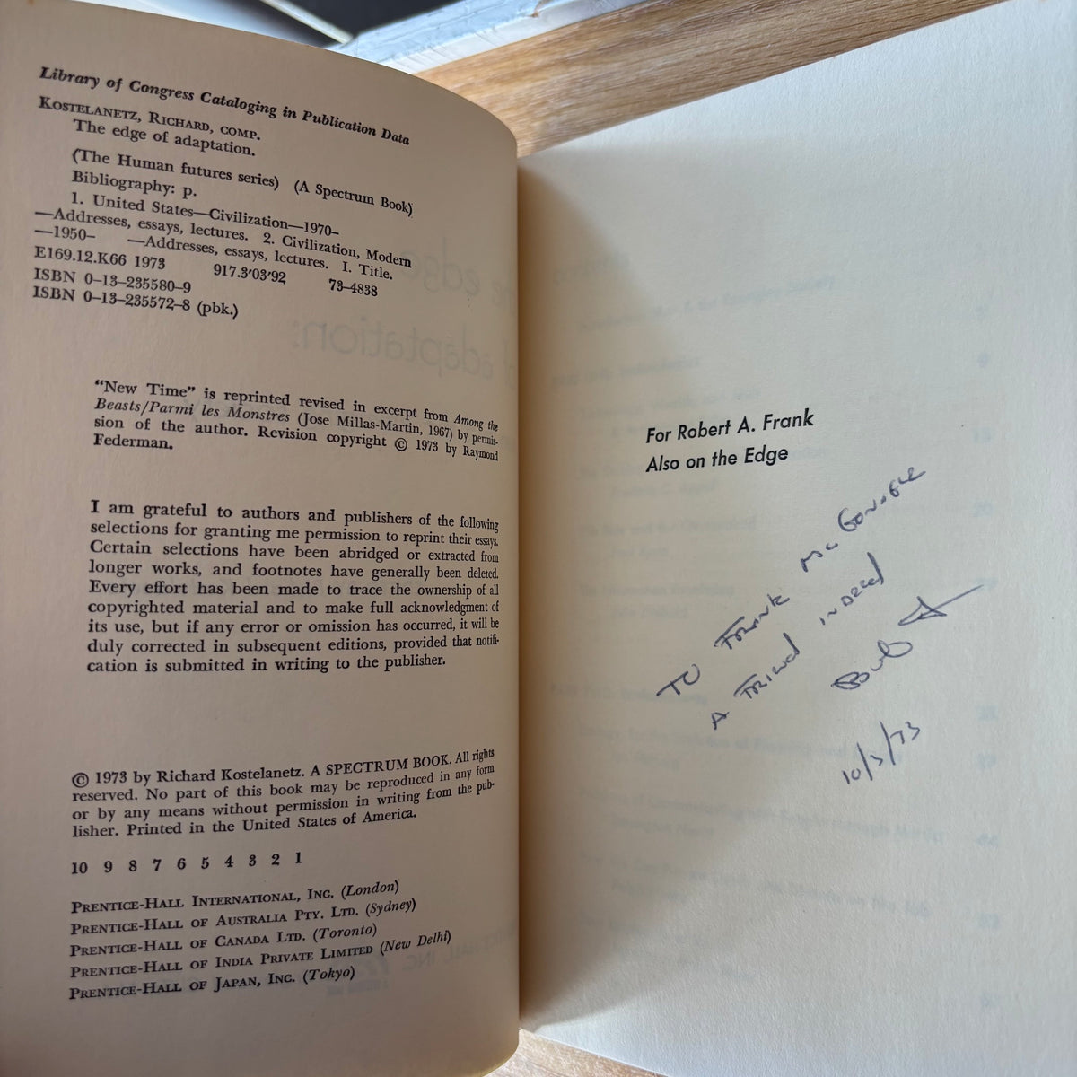 Richard Kostelanetz, ed. - The Edge of Adaptation: Man and the Emerging Society - Association Copy